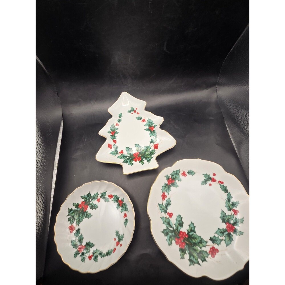 Lot Of 3 Vintage Lefton Porcelain Christmas Cookie Candy Treat Serving Dishes